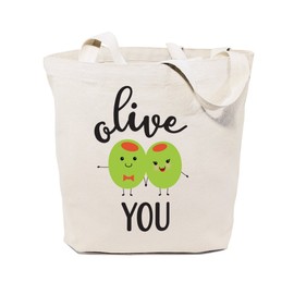 The Cotton & Canvas Co. Food Pun Reusable Grocery Bag and Farmers Market Tote Bag, Olive You, Large