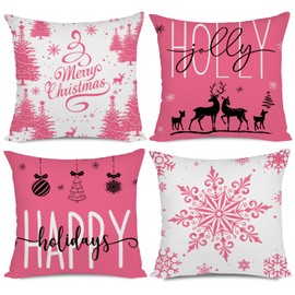 Artmag Pink Christmas Pillow Covers 16x16 Set of 4 Farmhouse Christmas Decorations Happy Holidays Holly Jolly Snowflake Merry Christmas Decor Throw Cushion Case for Couch Sofa