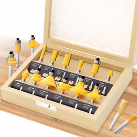 CSOOM 12-Piece Pro Woodworking Trimmer Bit Set, Carbide Router Set, 6mm Shaft Diameter Woodworking Router Bit Set with Wooden Storage Box