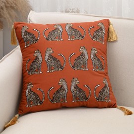 Huierxun Decorative Fall Orange Velvet Soft Throw Pillow Covers with Tassels 18x18 Inch Leopard Print Pillow Covers Modern Farmhouse Fall Home Decor for Sofa Living Room Couch Bed (Orange,18"x18")