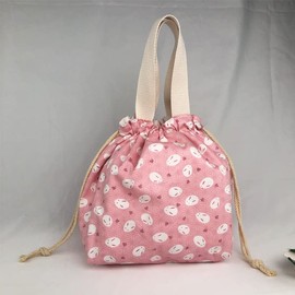 Misichao Lunch Bag for Women Reusable Canvas Lunch Bento Tote Bag Small Cute Drawstring Suitable for Kids Girls Students Work School Camping Pink Rabbit