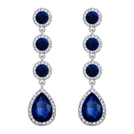 BriLove Women's Elegant Wedding Bridal Crystal Teardrop Chandelier Dangle Earrings Navy Blue Sapphire Color Silver-Tone