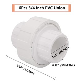 6Pcs 3/4" PVC Union Coupling Pipe Fitting (Socket x Socket) 3/4Inch PVC Slip Union PVC Adapter Coupling Schedule 40, EPDM O-Ring, White