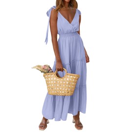 PRETTYGARDEN Women's Cross Neck Summer Sleeveless Tiered Maxi Dress Beach Tie Strap Smocked Long Dresses Pleated Sundress (Blue,Small)