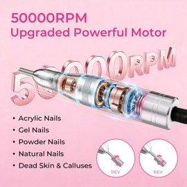 Wea&Hea Professional Electric Nail Drill, 50000 RPM Rechargeable Cordless E-File Machine for Acrylic Gel Nails, Low Noise Low Heat Nail File Kit with 6 Bits, 66 Sanding Bands, Pink