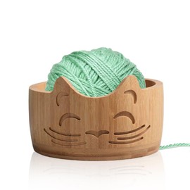 RoseFlower Wooden Yarn Bowl, 6.5 Inch Yarn Bowl with Cat Face Wool Bowl, Yarn Storage with Carved Holes for Knitting Crochet for Home