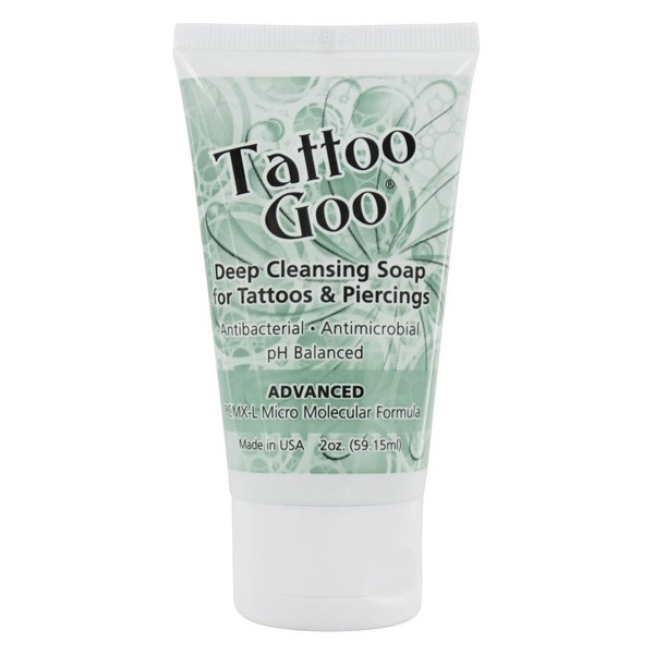 Tattoo Goo Deep Cleansing Soap For Tattoos & Body Piercings - Nutrient Rich Skin Care with Essential Oils - Gentle, Fast-Acting, Infection Defense - Antibacterial - Antimicrobial - 2 oz