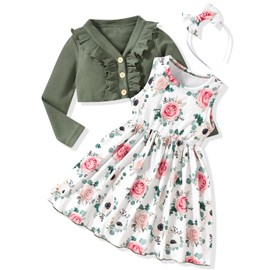 HINTINA 3T Toddler Little Girls Sleeveless Floral Print Spring Summer Dress And Long Sleeve Waffle Cardigan Set Fall Clothes Winter Outfits Green 3-4T Years