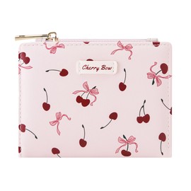 Sunwel Fashion Cherry Bow Prints Wallet Small Bifold Wallet with Zipper Coin Purse Card Holder ID Window for Women Girls (CHERRY BOW PINK)