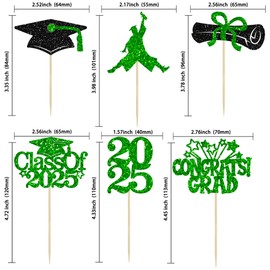 Gyufise 24Pcs 2025 Graduation Cupcake Toppers Glitter Class of 2025 Congrats Grad Cupcake Pick Decorations for 2025 Graduation Theme Birthday Party Supplies Black Green