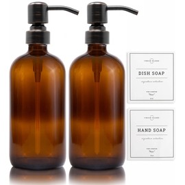 Vine Creations Amber Glass Soap Dispenser 2 Pack, Thick 16oz Bottles Rustproof Stainless Steel Pump, Modern Farmhouse Vintage Jar, Bathroom Kitchen, with Waterproof Labels (Round Oil Rubbed Bronze)