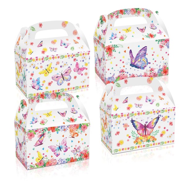 Lot de 12 boîtes à friandises sur le thème des papillons, boîtes en papier papillon colorées, boîtes à cadeaux papillon printanier, boîtes à bonbons pour fête d'anniversaire avec poignée