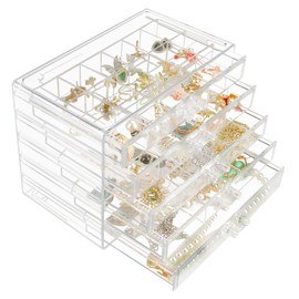 Weiai Clear Acrylic Jewelry Organizer, 90 Grids Adjustable Dividers Earrings Rings Storage Box
