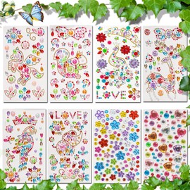 Jewel Gem Sticker Acrylic Phone Sticker Self-Adhesive Crystal Animal Rhinestone Decal Butterfly Parrot Reindeer Squirrel Love for Crafts DIY Water Bottle Bling Mirror Kid Handmade Decor 8 Sheets