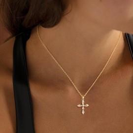 LEXODY Cross Necklace for Women, 14K Gold Plated Dainty Small Cubic Zirconia Cross Pendant Necklace