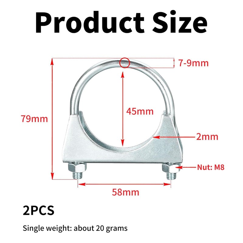2 Pcs 45mm(1-3/4") Exhaust Clamp, Muffler U-Bolt Clamps, Special Clamp