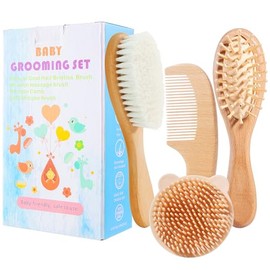 Baby Hair Brush Set for Newborns, Wooden Baby Brush & Comb - Toddler Cradle Cap Brush, Ultra Soft Goat Hair Bristles, Baby Grooming Kit for Baby Showe