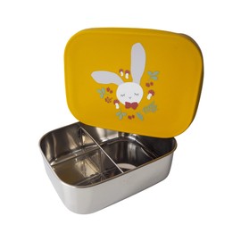 kikadu Lunch Box Rabbit Mustard Yellow Children's Crockery BPA-Free 18/8 Stainless Steel with Cute Prints, Dimensions 17 x 13 x 5.5 cm