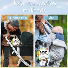 ORIGACH 2 Pack Animal and Flower Stop Don't Touch Baby Signs, Stop Do Not Touch Baby Car Seat Sign Stroller Tags with Hanging Strap and Clip, No Touching Baby Sign for Newborn Neutral Baby Preemie