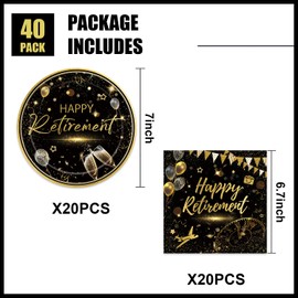 40pcs Retirement Party Decoration,include 20 dessert plate, 20 Napkin,Black Gold Disposable Tableware Used for Retirement Party Supplies