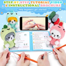 Crochet Kit for Beginners - 3 PCS Dinosaur Cat Crochet Kits with Step-by-Step Video Tutorials, Beginner Crochet Kit for Adults Kid, Crochet Animal Kit for Starters, Cat Dressed as Dinosaur Crochet Set