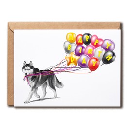 SMHGifts Siberian Husky Card - Happy Birthday Card - Siberian Husky Birthday Card - Dog Card - Card For Dog Lovers - Balloons Card - Cute Card