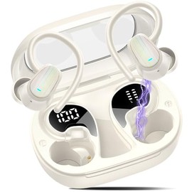 DUSONLAP Bluetooth Headphones Sport, 50 Hours Headphones Wireless Bluetooth 5.4 with HD Mic, 2025 In-Ear Headphones HiFi Stereo, Dual LED Display White