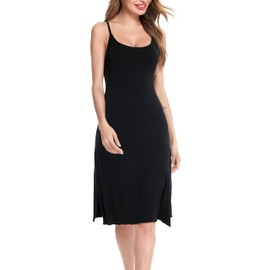 Vlazom Women's Nightdress Soft Full Slip Wavy Hemline Spaghetti Strap Chemises Negligee Nightgown Z-Black, XXL