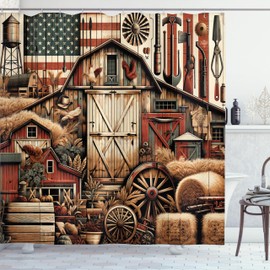 ABAKUHAUS Rustic Shower Curtain, Grunge US Patriotic Style American Barn Western Farmhouse Cottage, Cloth Fabric Bathroom Decor Set with Hooks, 78 Inches, Paprika Caramel and Dark Teal