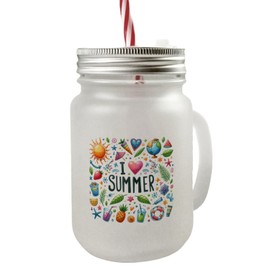 Summer Mason Jar with Handle Drinking Glass with Lid with Saying I Love Summer Colourful Mason Jar Handle Drinking Glass with Lid with Coloured Writing and Summer Motifs Perfect for Refreshing Summer