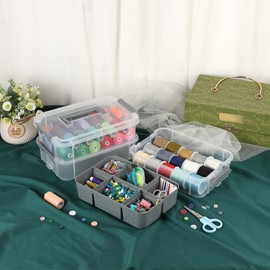 JUXYES 2 Pack 3-Tiers Stack Carry Storage Box With Divided Tray, Transparent Stackable Storage Bin With Handle Lid Latching Storage Container for School & Office Supplies, Dark Gray