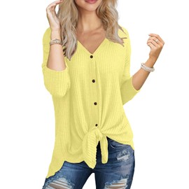 IWOLLENCE Women's Waffle Knit Tunic Tops Button Down Batwing Long Sleeve Henley V Neck Blouse Seniors Trendy Tie Front Knot Fall Shirts Butter Yellow, L