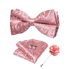 DiBanGu Silk Pink Mens Bow Tie Paisley Pretied Bow Tie and Lapel Pin Set with Pocket Square Cufflinks Wedding Party