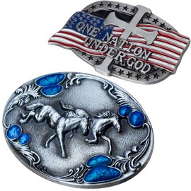 rnuie Western Cowboy Belt Buckle for Men (2 Pieces), Vintage Metal Silver Horse & American Flag Cross Buckle