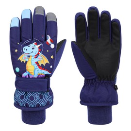 QKURT Children's Ski Gloves, Warm Winter Snow Gloves for Children, Thickened Windproof Toddler Gloves with Dinosaur Pattern, Cold Weather Skating Sledding Gloves for Boys and Girls