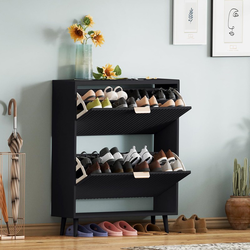 QIVOMIX Shoe Cabinet Storage,Modern Freestanding Organizer with 2 Flip Drawers,Narrow