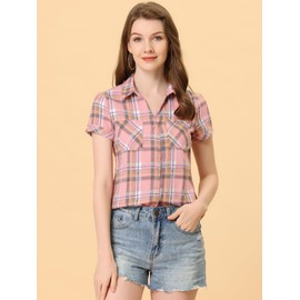 Allegra K Women's Plaid Shirts Cotton Short Sleeve Classic Button Down Western Shirt Medium Light Pink