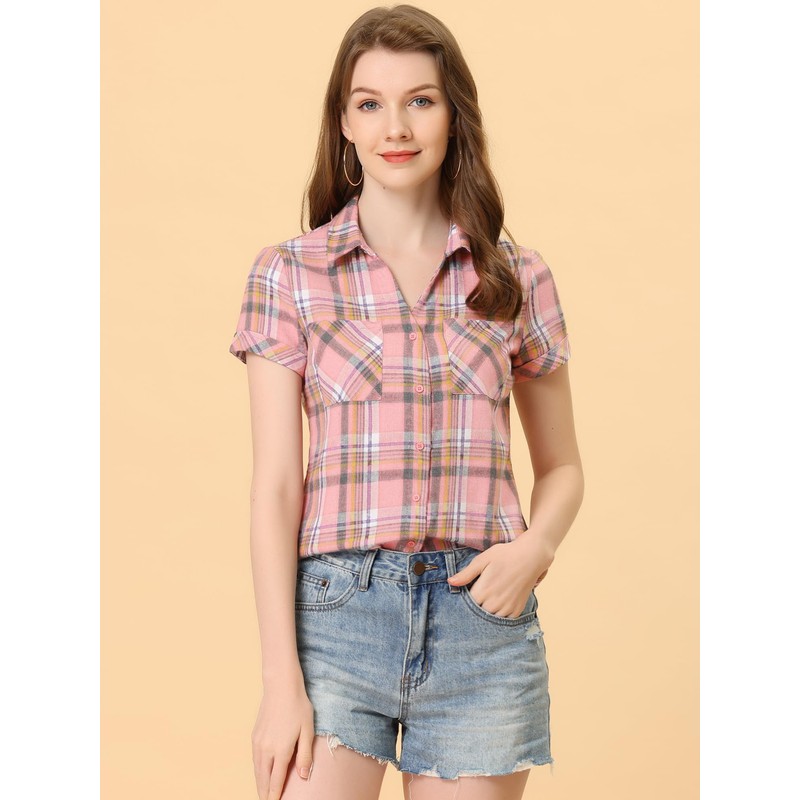 Allegra K Women's Plaid Shirts Cotton Short Sleeve Classic Button