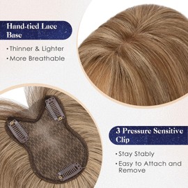 Elailite Human Hair Toppers for Women Real Human Hair Topper with Bangs Hand-Tied Thin 8 * 11CM Lace Base Light Weight Clip in Remy Hairpieces 11 Inch Medium Brown mix Dark Blonde