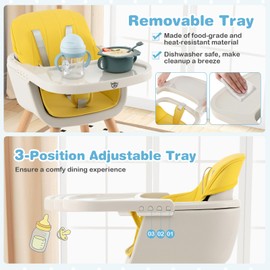 GLACER High Chair, 3-in-1 Convertible Wooden High Chairs for Babies and Toddlers w/Removable Tray, Booster Seat, 5-Point Safety Harness, PU Cushion, Baby High Chair (Yellow)