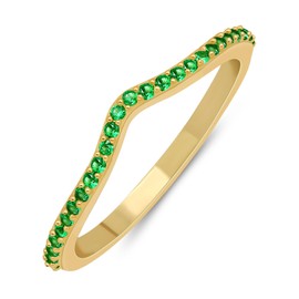 GOURIK 18K Yellow Gold Plated Wishbone Chevron Lab Created Emerald Ring For Women - Thin Eternity Band For Stacking - Light Weight Engagement Wedding Eternity Stackable Band Size 10