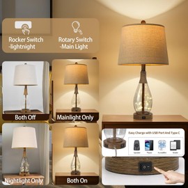 OYEARS OYEARS 23" USB A+C Table Lamp Sets of 2 Modern Bedside Lamps Retro Farmhouse Rattan Glass Nightstand Nightlight Lamps for Bedroom Living Room Dorm,Two Light Points
