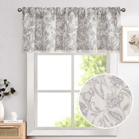 Lazzzy - Cortinas de lino con estampado floral gris de 16 pulgadas de largo, cortinas con pestaña trasera para sala de estar o recámara, cortinas semitransparentes estilo rústico clásico, juego de 2