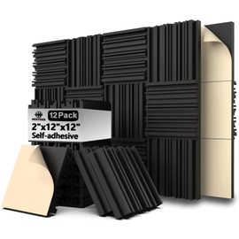 HERTBER 12 Pack Sound Proof Panels for Walls, Self-adhesive Grooved Black Sound Deadening Foam, 12x12x2 Inches Sound Panels, High Density Soundproofing Panels for Echoes Absorption
