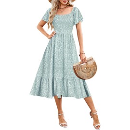 AUSELILY Women's Summer Empire Waist Dress Smocked Flutter Short Sleeve Square Neck Midi Dresses 2025 New Green Spot XL