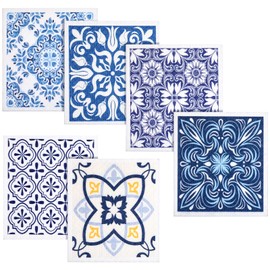 ElevateTech 6Pcs Swedish Dishcloths for Kitchen, Reusable Absorbent Hand Towels Cute Pattern Decorate Washable for Cooking Kitchen Home Decoration Housewarming Gift Blue