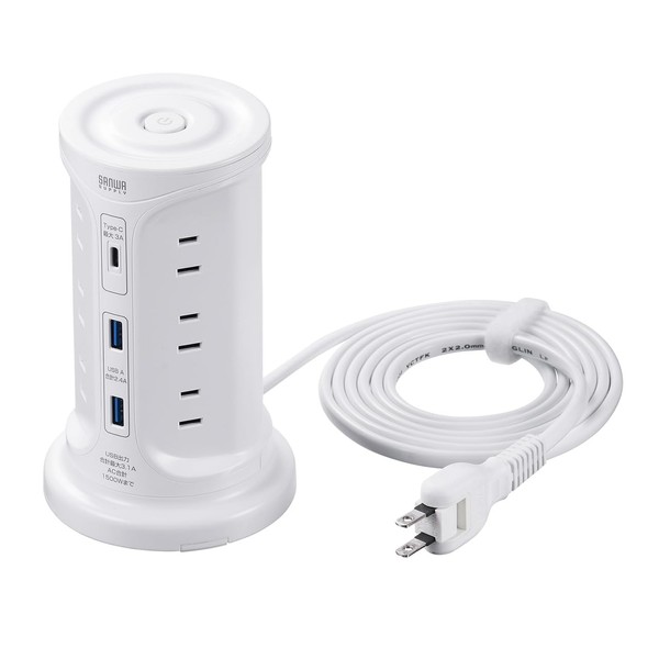Sanwa Direct 700-TAP075W Power Strip Tower, 12 Ports, USB-A x
