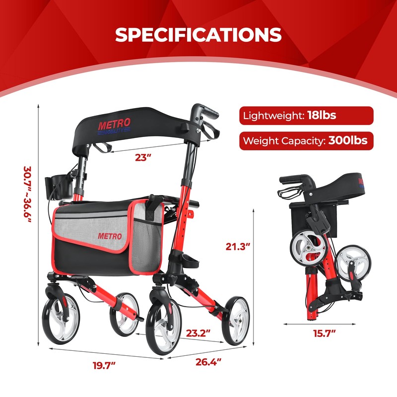 Foldable Rollator Walker with Seat, Adjustable Height Lightweight Rollator with