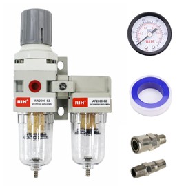 RIH Filter Regulator for Air Compressor 1/4" Water Eliminator, Filter Valve, Dust Control, Pressure Setting, Pressure Gauge, Coupler, Automatic Drain (2 Filters, 1 Regulator, B, Auto Drain)