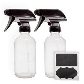 Cornucopia Brands 8-Ounce Clear Glass Spray Bottles (2-Pack); Boston Round Bottles w/ 3-Setting Adjustable Black Heavy Duty Sprayers & Chalk Labels | Cornucopia Brands